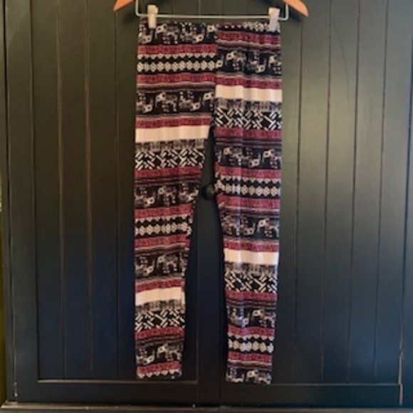 Girls Elephant Cross Stitch Maroon and Black Leggings - Picture 1 of 7